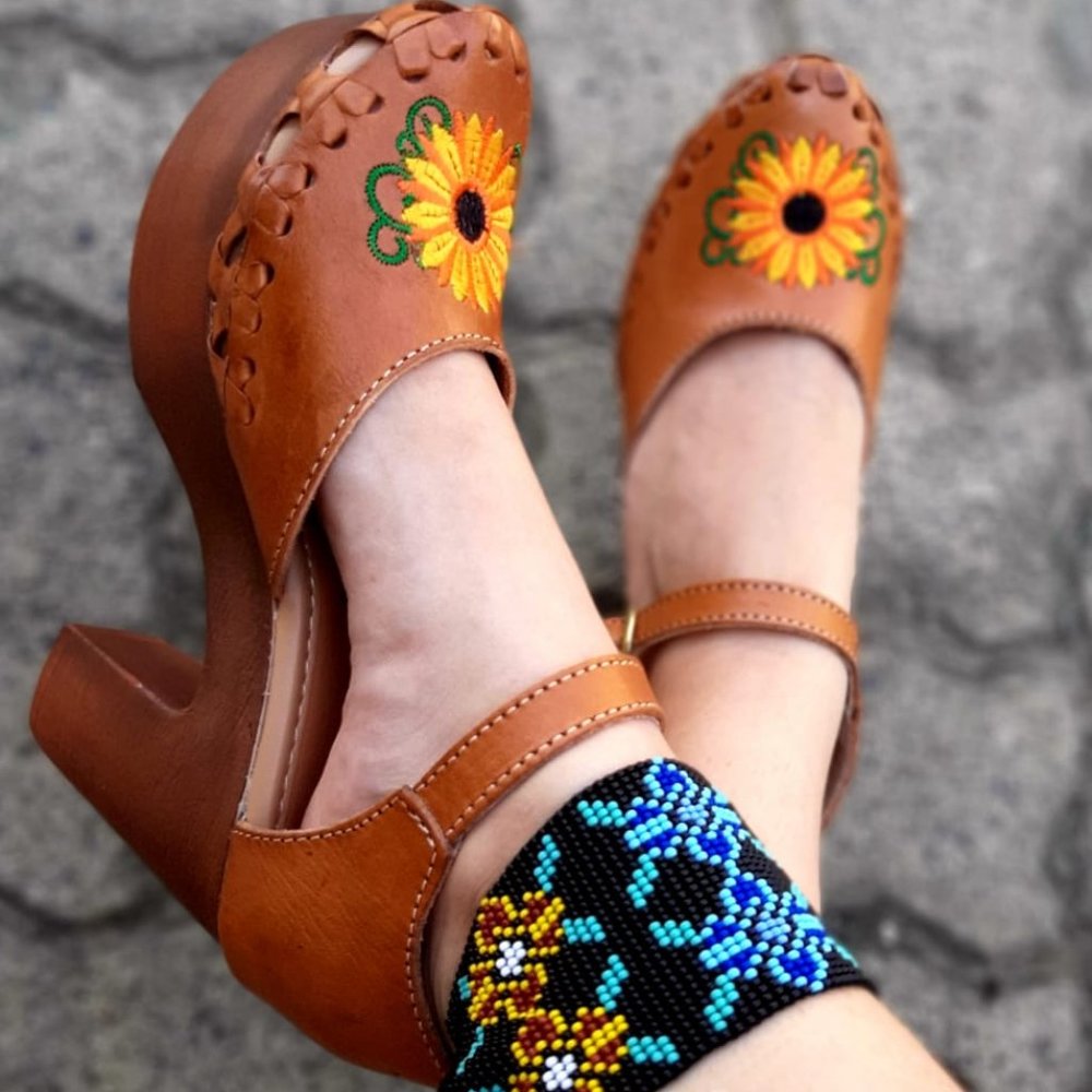 Chunky Heel Mexican Wedges with Sunflower Design